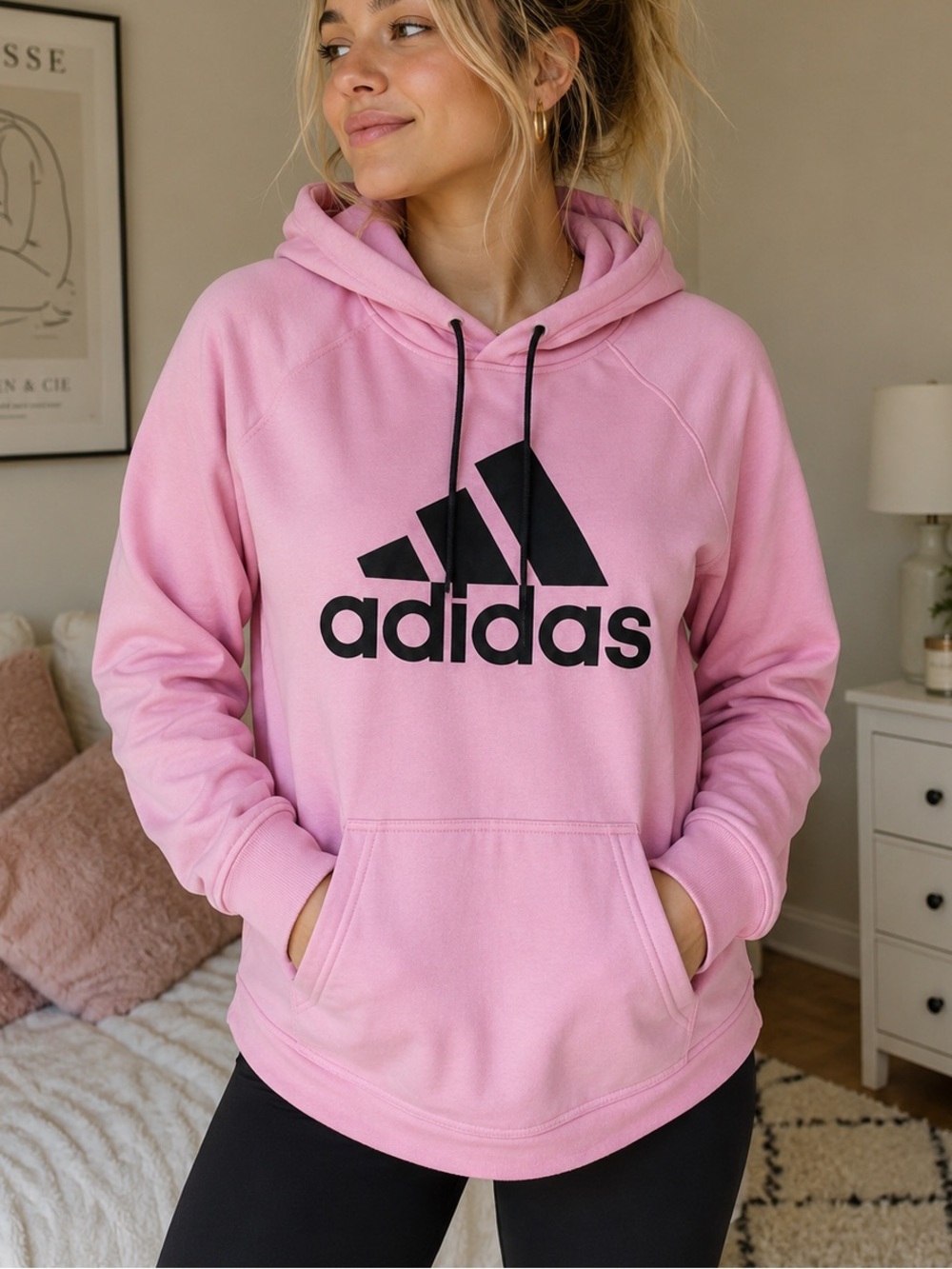 Adidas Pink Logo Hoodie Medium Pullover Sweatshirt Athleisure Activewear